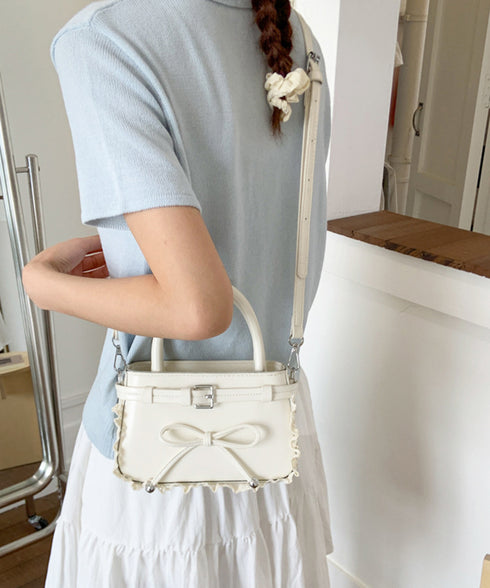 ショルダーバッグ 小さめ フェイクレザー ハンドバッグ スクエア 2way 肩掛けバッグ リボンデザイン 大人かわいい手提げ鞄 レース 斜め掛けカバン フェミニン 77YUEL-002